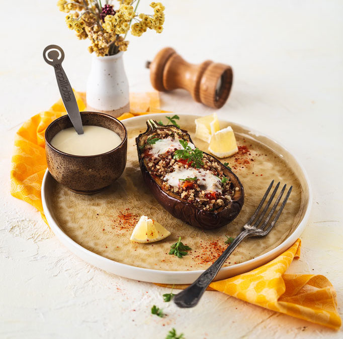 Aubergine farcie au quinoa et Cancoillotte