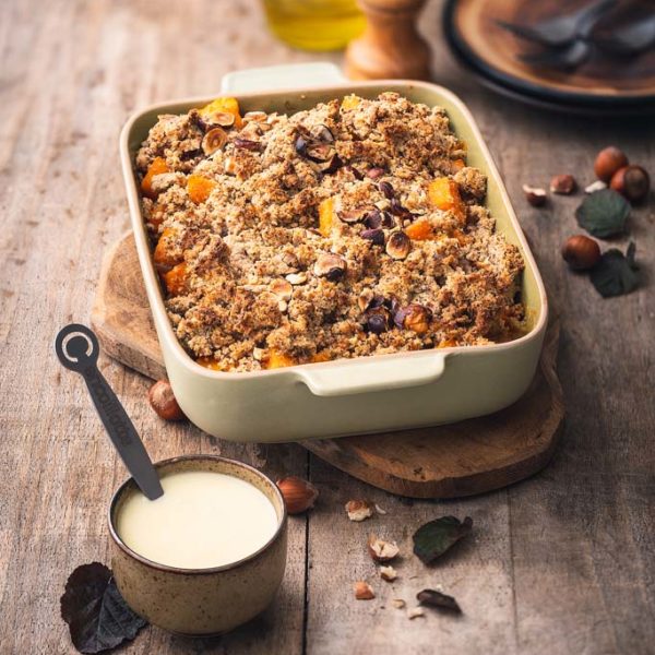 Crumble de courge butternut, noisettes et Cancoillotte