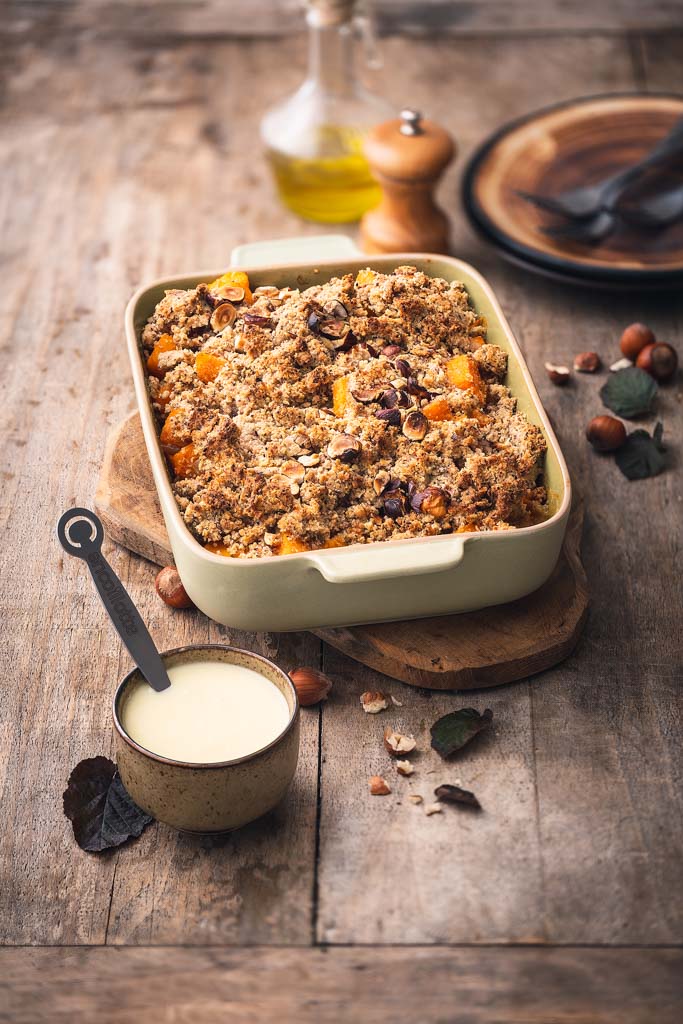 Crumble de courge butternut, noisettes et Cancoillotte